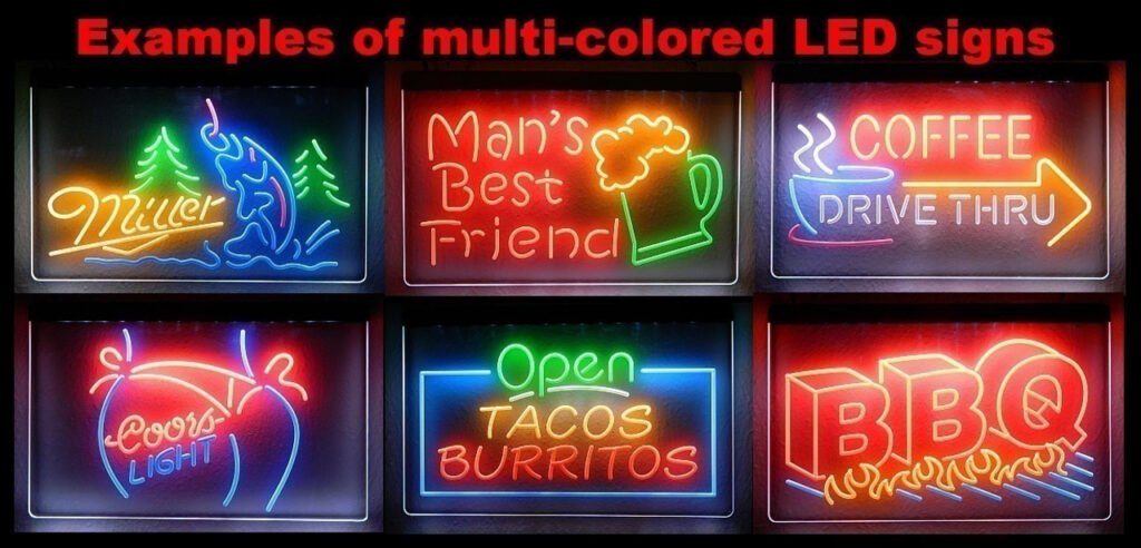 Colorful 3D acrylic LED sign mounted outdoors on a business facade