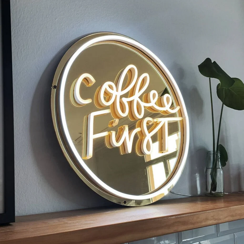 Soft white acrylic neon signs displaying script text ‘Good Dreams’.